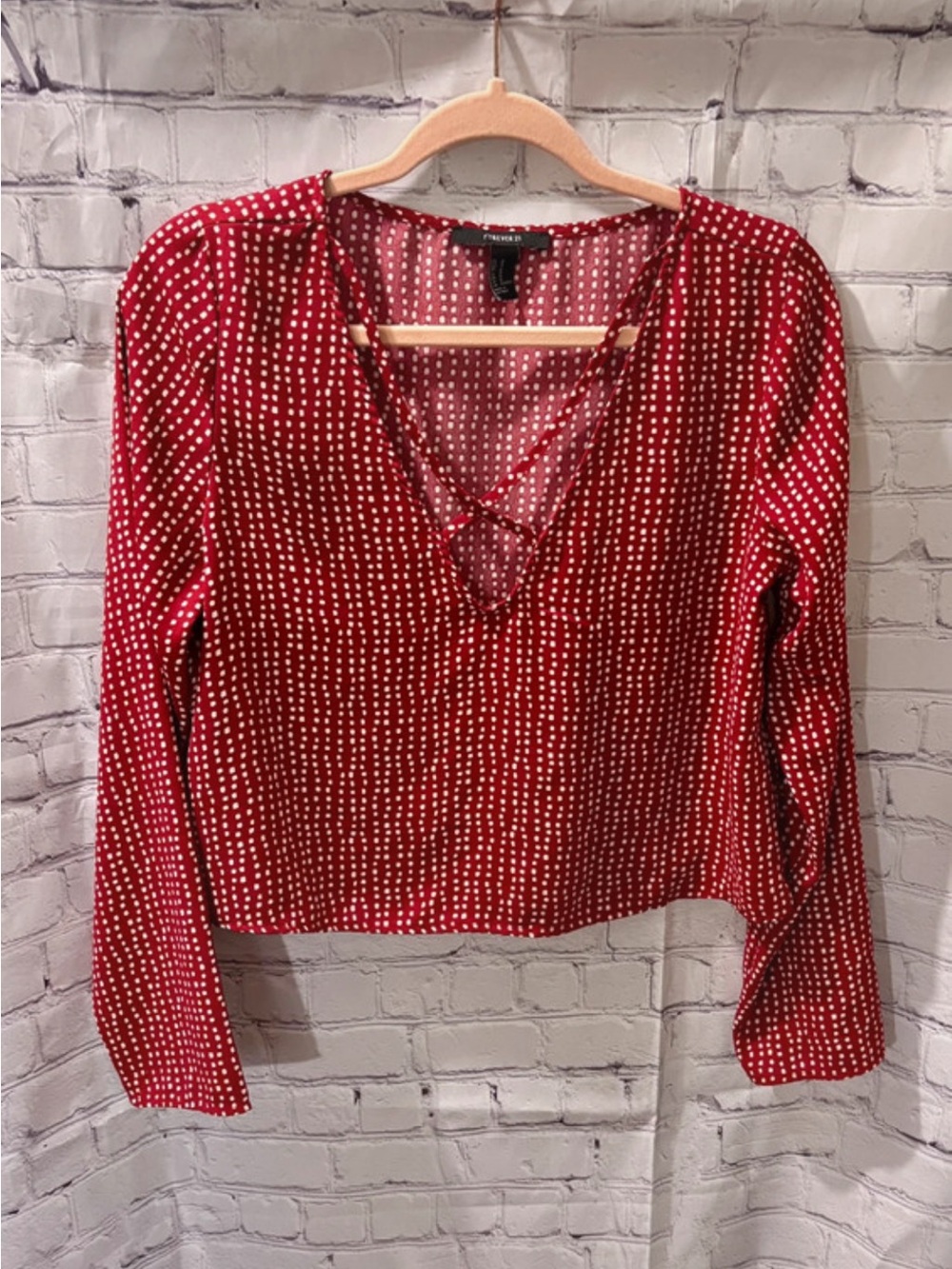 Forever 21 Red V-Neck Long Sleeve Top with White Dot Print